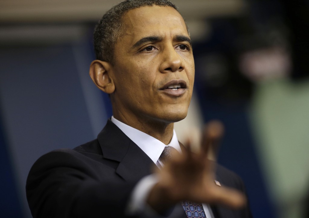 President Barack Obama speaks about the budget and the partial government shutdown, Tuesday, Oct. 8, 2013, in the Brady Press Room of the White House in Washington. Amid a deadlocked Congress and shutdown government, Obama poured cold water Wednesday on calls to invoke the Constitution’s 14th Amendment to skirt congressional approval for issuing new debt,