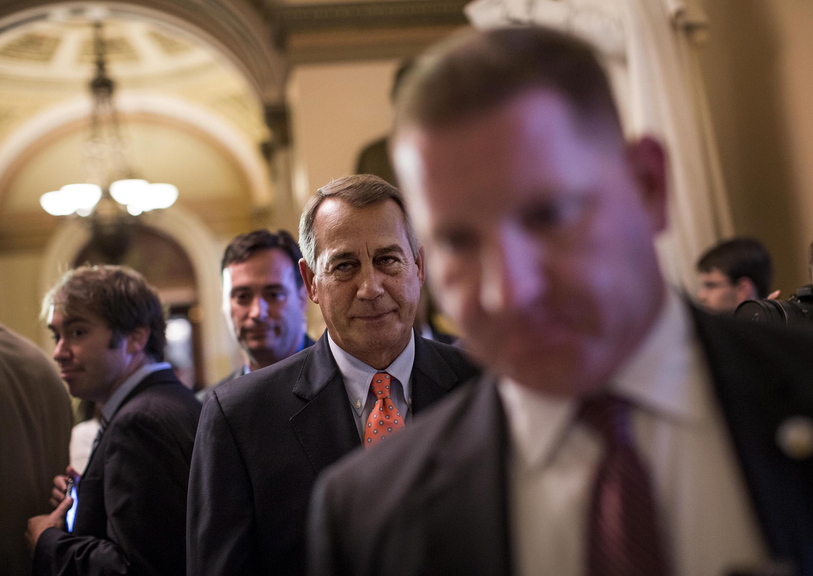 House Speaker John Boehner, R-Ohio, leaves the House floor after votes on Saturday in Washington. On ABC’s “This Week” program Sunday, he said President Obama “is risking default by not having a conversation with us.”