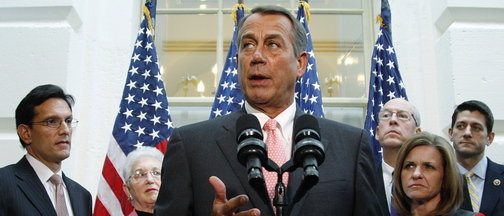 U.S. House Speaker John Boehner stands with fellow Republican House leaders as he addresses reporters in Washington, D.C., on Oct. 10. House Republicans speak well of Boehner but many refuse to follow him.