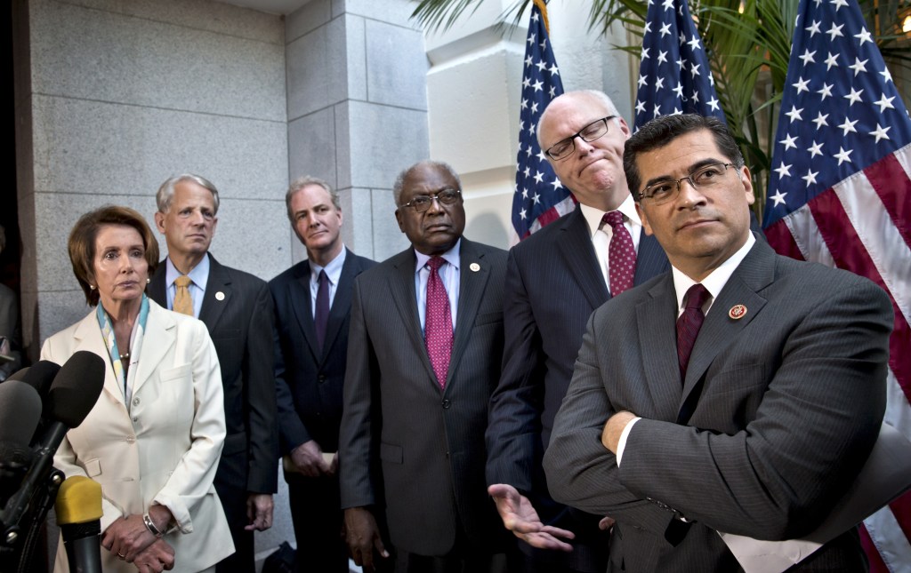 From left, House Minority Leader Nancy Pelosi, D-Calif., Rep. Steve Israel, D-N.Y., Rep. Chris Van Hollen, D-Md., Assistant Minority Leader James Clyburn, D-S.C., Rep. Joseph Crowley, D-N.Y., and Rep. Xavier Becerra, D-Calif., listen to a question during a news conference at the Capitol in Washington, Tuesday, Oct. 15, 2013. The partial government shutdown is in its third week and less than two days before the Treasury Department says it will be unable to borrow and will rely on a cash cushion to pay the country’s bills.