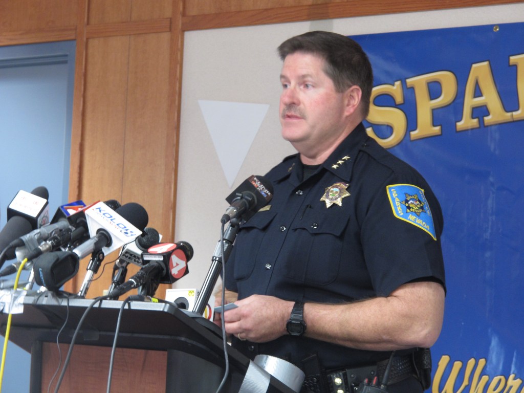 Sparks Deputy Police Chief Tom Miller addresses reporters during a news briefing Tuesday. “Everybody wants to know why – that’s the big question,” Miller said. “The answer is, we don’t know right now.”