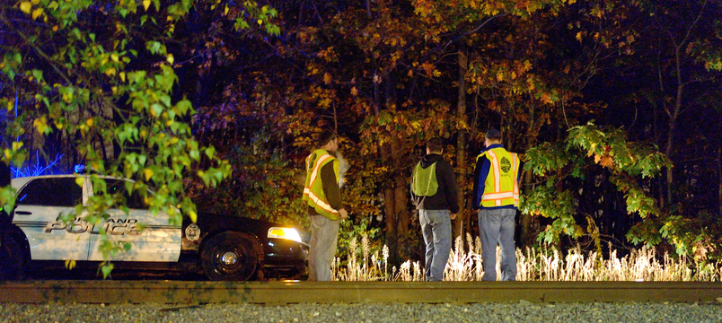Investigators survey the scene of a fatal accident along train tracks between Forest Avenue and Irving Street in Portland on Wednesday night. A man who was walking along the tracks was struck and killed by a freight train.