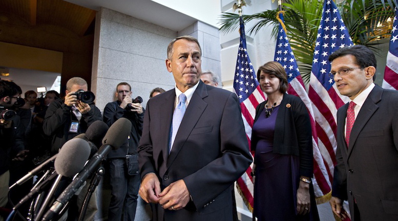 Speaker of the House John Boehner, R-Ohio, with House GOP leaders, speaks with reporters following a Republican strategy session, at the Capitol in Washington, Tuesday, Oct. 15, 2013. House Republican leaders canceled votes Tuesday night on a proposal to reopen federal agencies and lift the debt ceiling, shifting the onus back onto the Senate to finalize a deal to avoid a default that could undermine the U.S. economy and the country’s longterm credit.