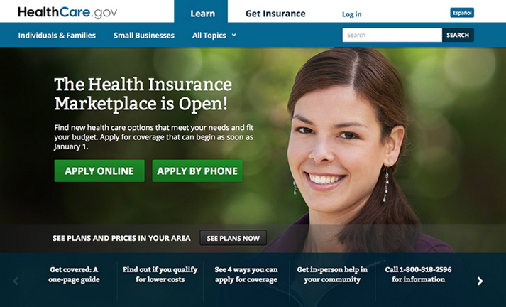 A screen image of the HeatlhCare.gov homepage.