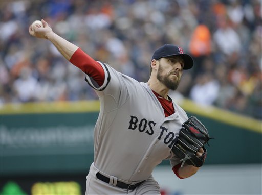 Boston Red Sox starting pitcher John Lackey delivers a pitch in the first inning during Game 3 of the American League Championship Series against the Detroit Tigers on Tuesday, in Detroit.