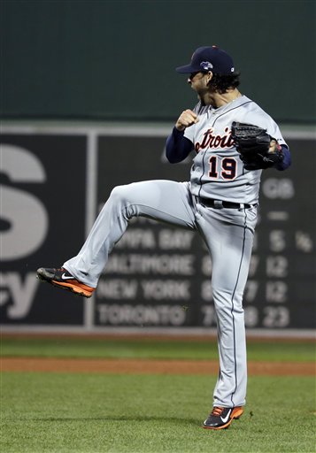 Detroit Tigers starting pitcher Anibal Sanchez reacts after striking out Boston Red Sox's Stephen Drew with the bases loaded to end the sixth inning in Game 1 of the American League baseball championship series Saturday, Oct. 12, 2013, in Boston. (AP Photo/Charles Krupa)