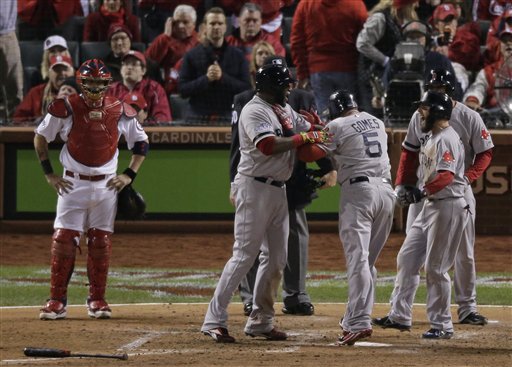 Boston Red Sox's Jonny Gomes (5) celebrates at home after hitting a three-run home run during the sixth inning of Game 4 of baseball's World Series against the St. Louis Cardinals Sunday, Oct. 27, 2013, in St. Louis. (AP Photo/Charlie Riedel) MLB