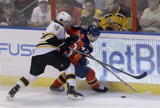 Boston Bruins right wing Reilly Smith (18) battles Florida Panthers defenseman Mike Weaver (43) for control of the puck in the second period of an NHL hockey game, Thursday, Oct. 17, 2013, in Sunrise, Fla. The Bruins won 3-2. (AP Photo/Alan Diaz)