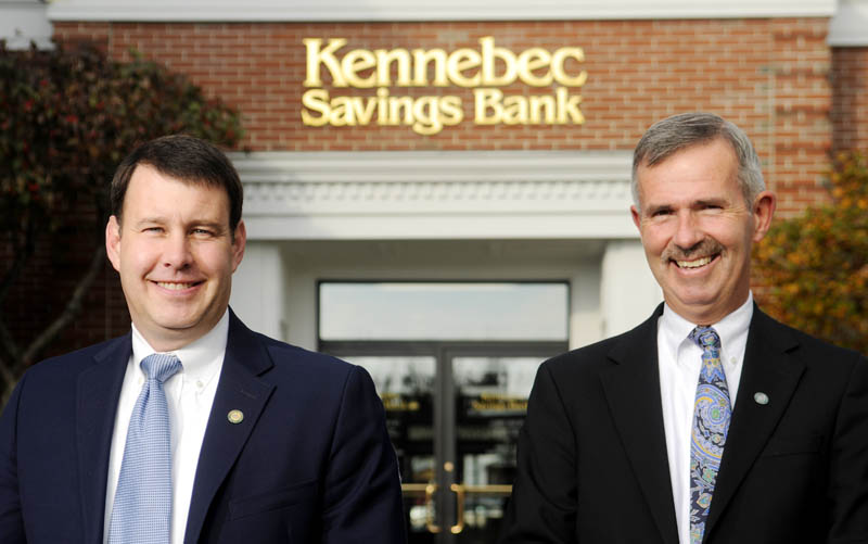 Andrew Silsby, left, will succeed Mark Johnston as President of Kennebec Savings Bank. Johnston announced his plans to retire in June 2015 on Tuesday at the Augusta branch.