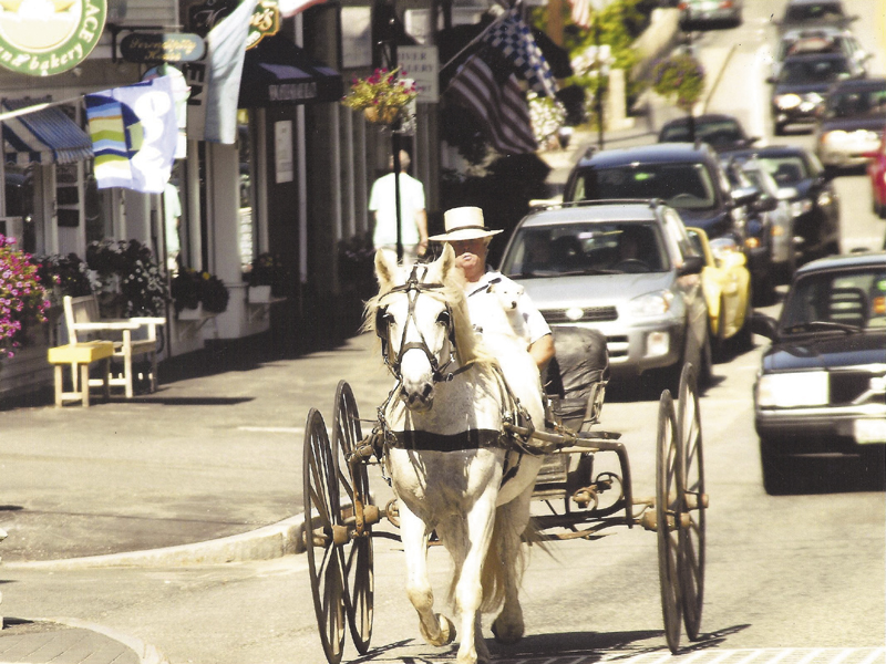 A horse pulls a carriage along a modern-day street.