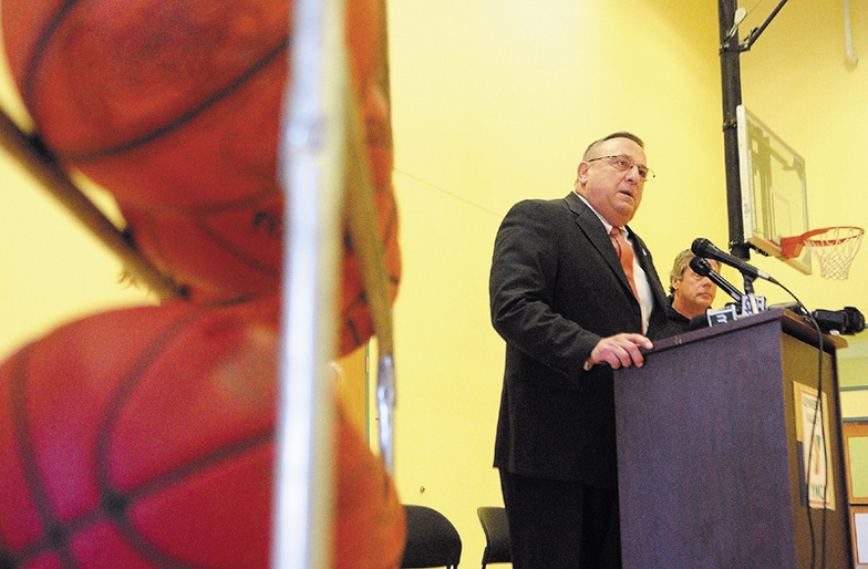 Gov. Paul LePage speaks during an event announcing this year's Taylor Tip Off on Thursday at the Kennebec Valley YMCA in Augusta.