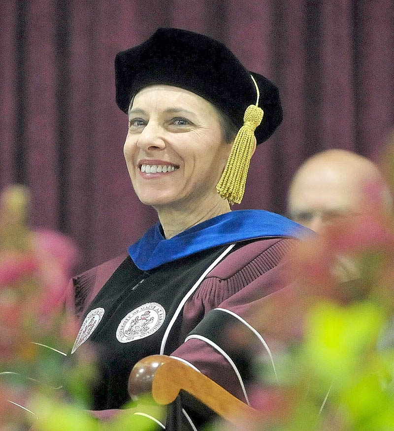 Kathryn A. Foster smiles during her inauguration as the 14th president of University of Maine at Farmington today.