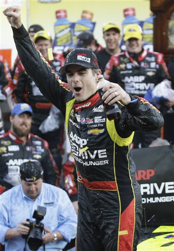 Jeff Gordon celebrates winning the NASCAR Sprint Cup race at Martinsville Speedway on Sunday in Martinsville, Va.