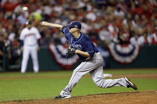 Tampa Bay Rays starting pitcher Alex Cobb delivers against the Cleveland Indians in the seventh inning of the AL wild-card baseball game Wednesday, Oct. 2, 2013, in Cleveland. (AP Photo/Tony Dejak) Progressive Field