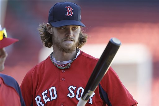 Boston Red Sox's Clay Buchholz looks at the bat during a baseball team workout at Fenway Park, in Boston, Tuesday, Oct. 1, 2013. The Red Sox host Game 1 of the AL divisional series on Friday, Oct. 4, against the winner of Wednesday's wild-card playoff game between the Cleveland Indians and Tampa Ray Rays. (AP Photo/Steven Senne)