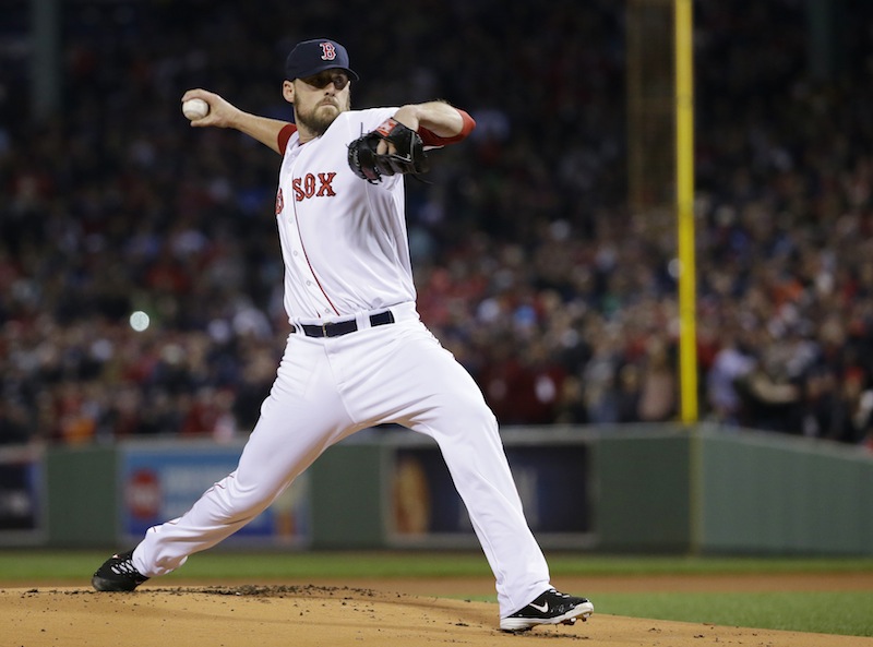 Boston Red Sox starting pitcher John Lackey throws during the first inning of Game 2 of baseball's World Series against the St. Louis Cardinals Thursday, Oct. 24, 2013, in Boston. MLB