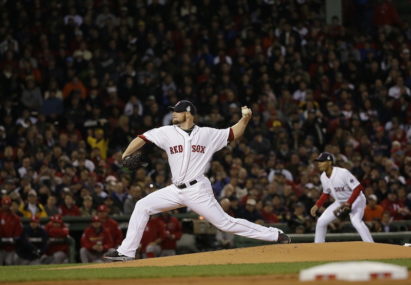 Boston Red Sox starting pitcher Jon Lester throws during the first inning of Game 1 of baseball's World Series against the St. Louis Cardinals Wednesday, Oct. 23, 2013, in Boston. MLB