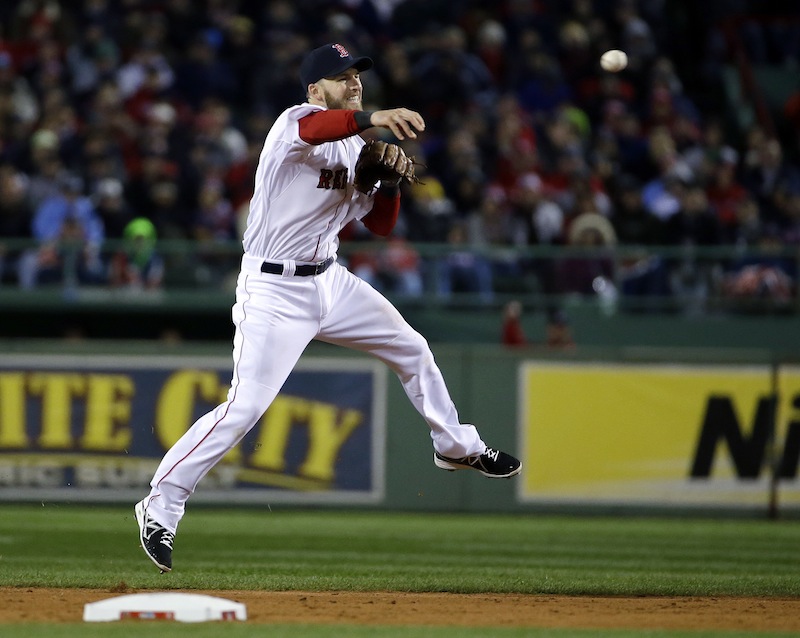 Boston Red Sox's Stephen Drew throws out St. Louis Cardinals' Daniel Descalso during the fifth inning of Game 2 of baseball's World Series Thursday, Oct. 24, 2013, in Boston. (AP Photo/Matt Slocum) MLB