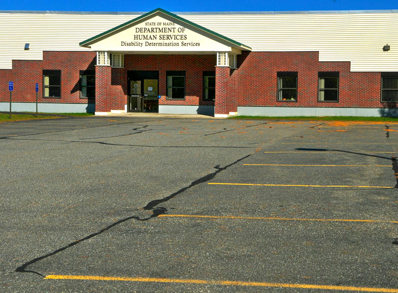 The parking lot in front of the closed Department of Health and Human Services Disability Determination Services office was empty on Tuesday in Winthrop.