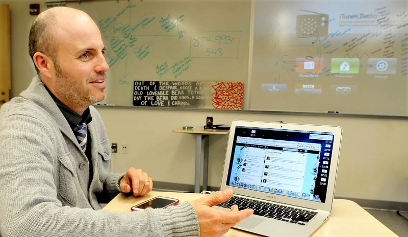 Mt. Blue High School English teacher Dan Ryder explains how he uses Twitter to exchange teaching ideas with other professionals using both a tablet and Smartphone. Some of the lessons on board in background came from his research.