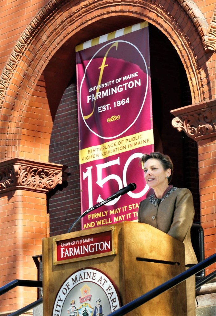 University of Maine at Farmington President Kathryn Foster speaks during the 150th anniversary celebration of the school on Wednesday.