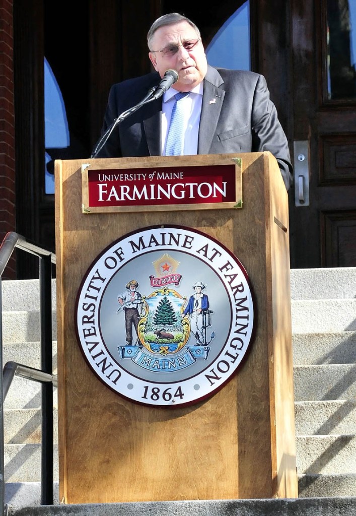 Gov. Paul LePage speaks during the 150th anniversary celebration of the Univeristy of Maine at Farmington on Wednesday.