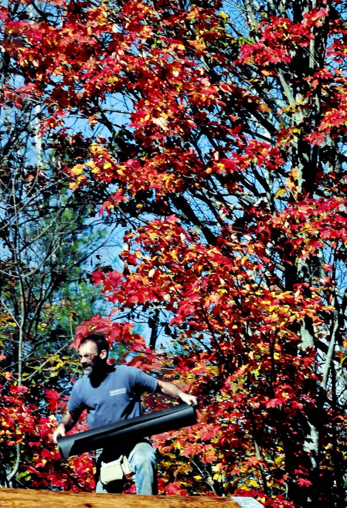 Working under a colorful maple tree, Ken Landry moves a roll of roofing material while he and others re-shingled a home in Belgrade on Sunday.