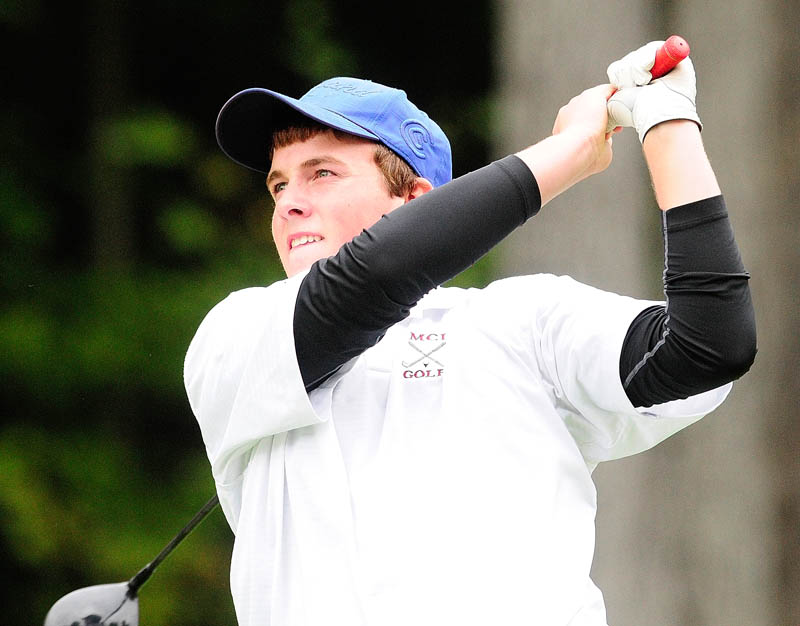 GOOD DAY: MCI golfer Gavin Dugas tees off during Class B golf team championships on Saturday at Natanis Golf Club in Vassalboro. Dugas shot 74 to help the Huskies earn a third-place finish. The Huskies tied Cape Elizabeth with a score of 334, but Cape won the tiebreaker to finish second.