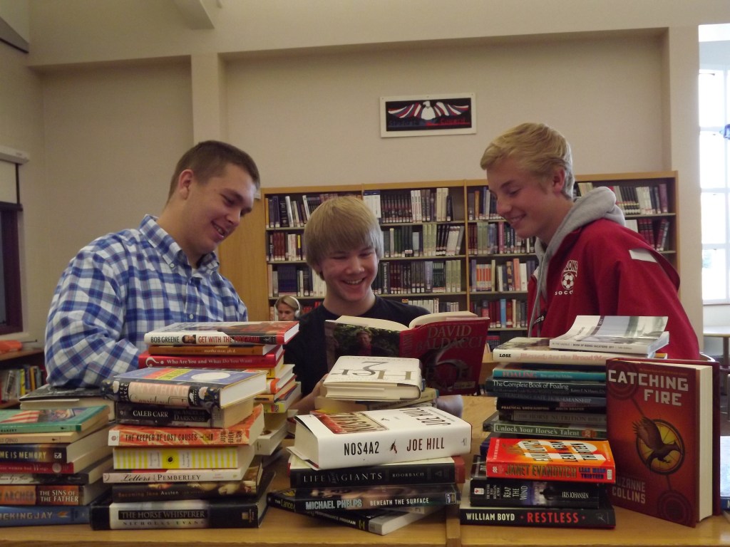 BOOK SALEBOOK SALE SATURDAY Contributed photo Messalonskee High School students Ben Weeks, Cody Stevens and Ryan Bilodeau helped to sort books for the Messalonskee High School library book sale, which will be held 9 a.m.-1 p.m. Saturday. The sale will be held in conjunction with the high school sports booster’s craft fair set for 10 a.m.-3 p.m. Saturday and 9 a.m.-2 p.m. Sunday.