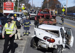 Three people were injured Sunday morning just after 10 a.m. on U.S. Route 201 in Farmingdale following a three car collision, according to police. A southbound Jeep crossed the center line, striking a northbound Subaru station wagon that was pushed into a Chevy Malibu, according to Kennebec County Deputy Sheriff Galen Estes.