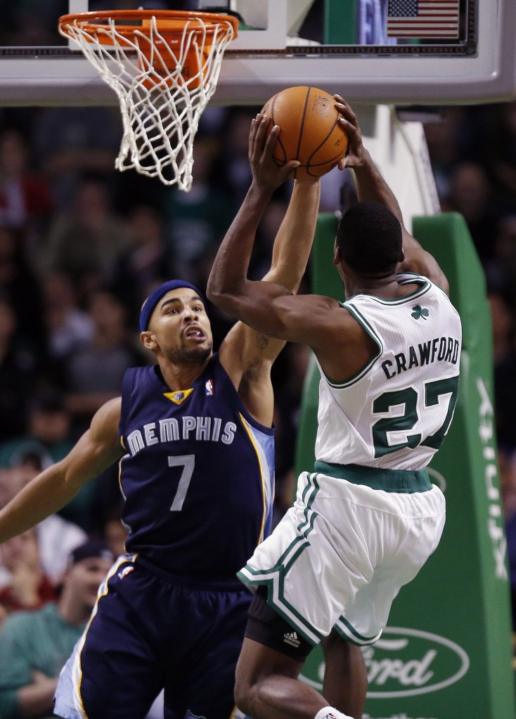 BLOCKED: Memphis Grizzlies’ Jerryd Bayless (7) blocks a shot by Boston Celtics’ Jordan Crawford (27) in the fourth quarter of their game Wednesday in Boston. The Grizzlies won 100-93.