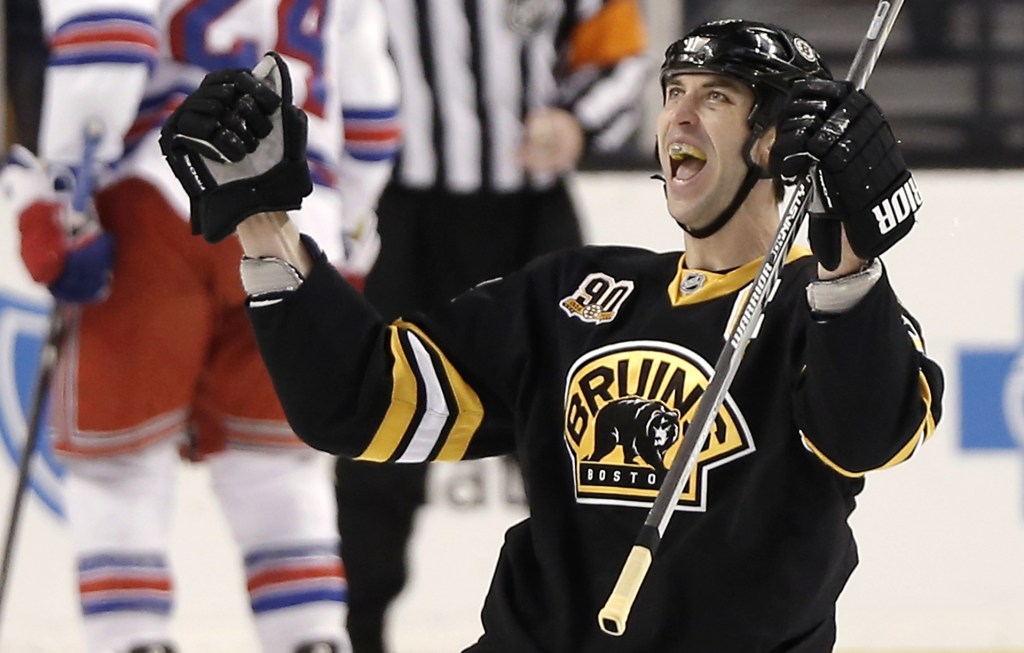 YES: Boston Bruins defenseman Zdeno Chara celebrates after scoring the go-ahead goal in Boston’s 3-2 win over the New York Rangers on Friday in Boston.