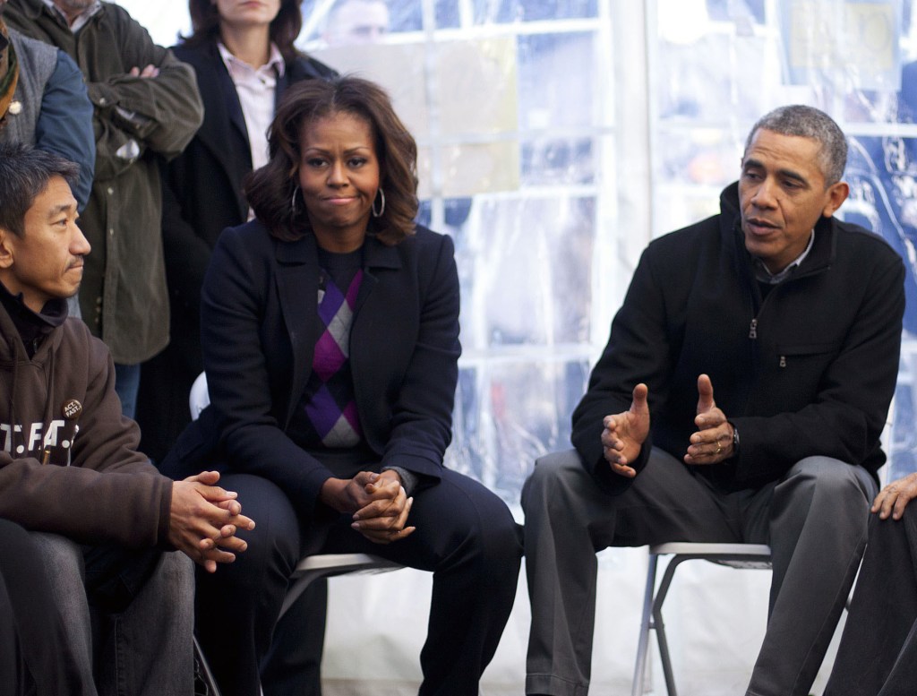 President Obama and first lady Michelle Obama met with demonstrators for about 30 minutes Friday.