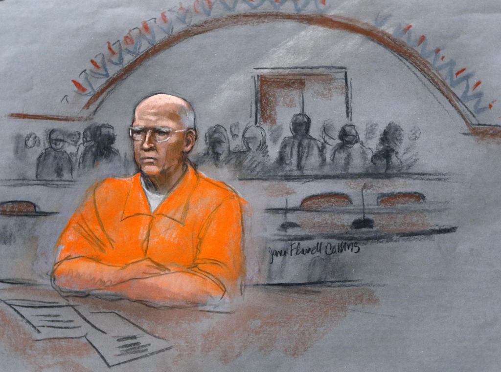 In this courtroom sketch, James “Whitey” Bulger sits at his sentencing hearing in federal court in Boston on Wednesday.