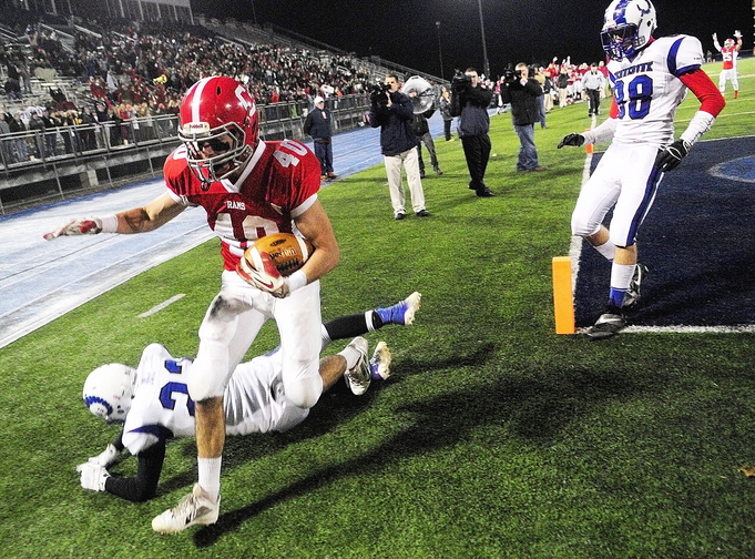 TD RECEPTION: Cony wide receiver Jonathan Saban runs out of end zone after scoring Rams first touchdown in on passing play in third quarter during the Class B state championship game on Friday at Alfond Stadium in Orono.