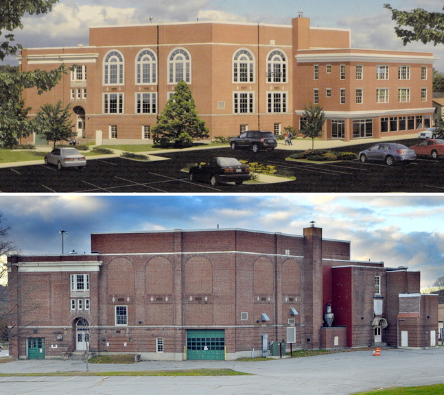 The top image is an artist’s rendition of renovations at the old Cony High School Flatiron building showing a proposed addition, at right, and replacing windows that are bricked over. The bottom image is a photo taken Friday showing the current condition of the building.