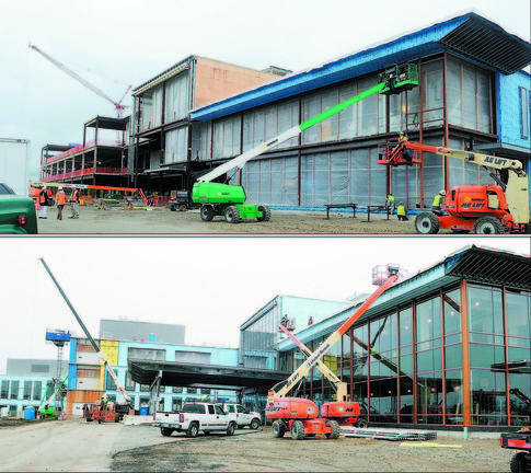 Making progress: This pair of photos shows progress over the course of six months at the front entrance of the new MaineGeneral Medical Center regional hospital in northern Augusta. The top photo is from May 22, 2012; the bottom photo is from Dec. 4, 2012.