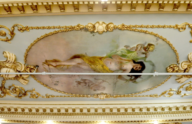 Restoration: One of the restored paintings on the ceiling in “The Great Room” which is part of one of the community rooms inside the Gerald hotel in Fairfield.