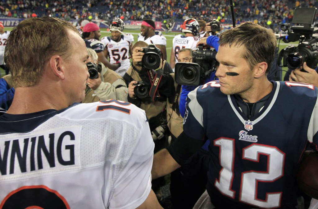 AT IT AGAIN: Denver Broncos quaterback Peyton Manning, left, and New England Patriots quarterback Tom Brady will face off for the 14th time in their careers Sunday night in Foxborough, Mass.