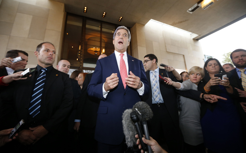 U.S. Secretary of State John Kerry speaks to the press upon his arrival in Geneva, Switzerland, on Friday. Kerry says there is no nuclear deal yet with Iran, but he’s hoping to narrow gaps during negotiations.