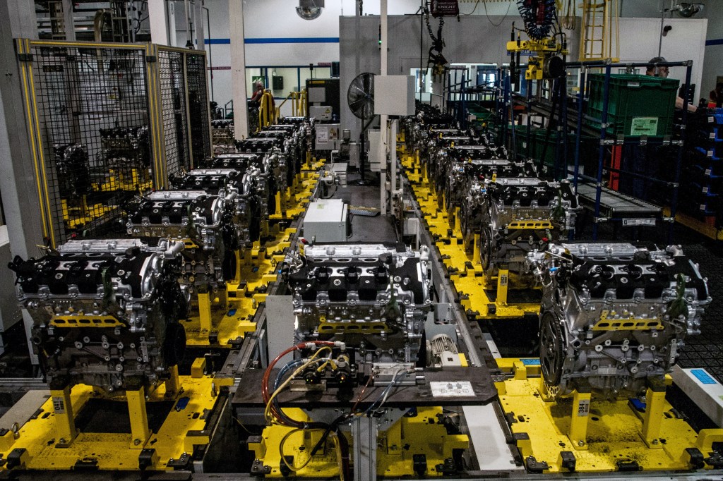 This photo shows the production line of the General Motors 3.6-liter, 302 horsepower (224 kW) V6 engine at GM’s Flint Engine on Wednesday, Nov. 20, 2013, in Flint, Mich.