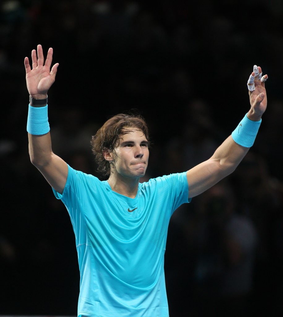 Rafael Nadal celebrates after defeating Roger Federer in their ATP world Tour Finals semifinal match at the O2 Arena on London on Sunday.