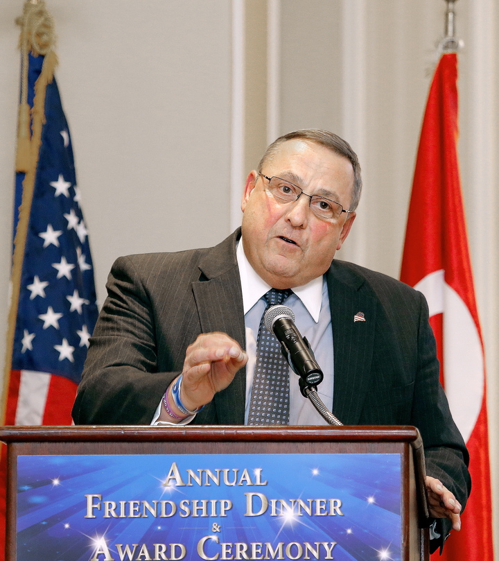 Gov. Paul LePage gives a speech at the Sable Oaks Marriott in South Portland Tuesday after accepting a leadership award.
