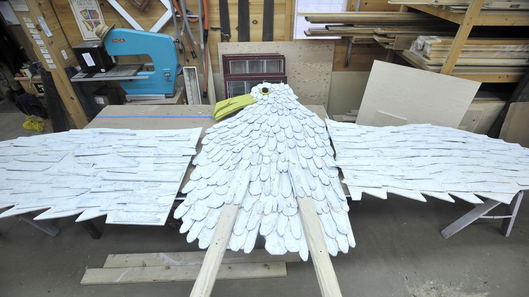 renewed: The 25-foot restored wooden seagull sculpture created by Skowhegan artist Bernard Langlais will soon return to the Bar Harbor storefront where it has hung for years.