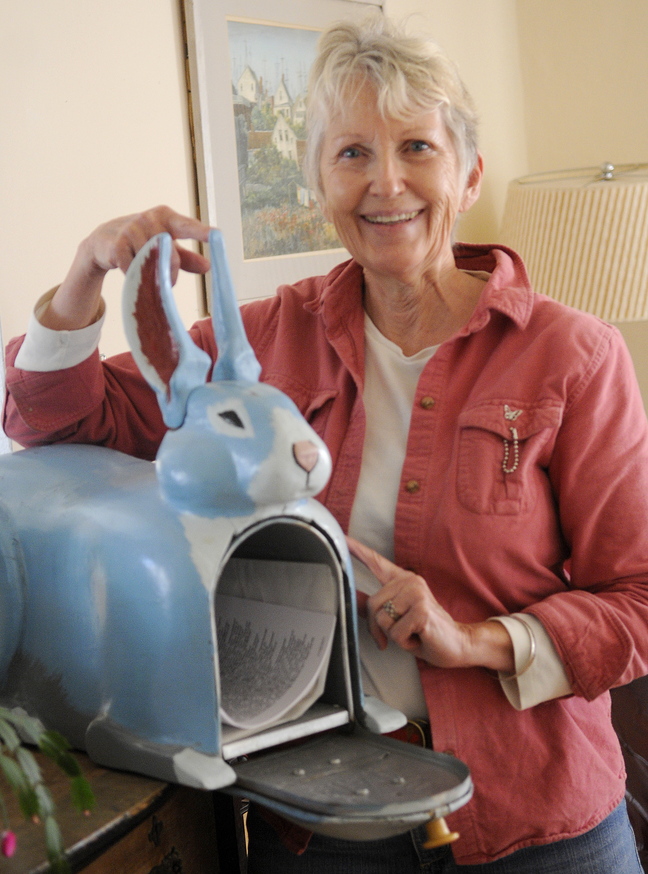 Blue rabbit: Sheila Stratton, widow of Abbott Vaughn Meader, says her late husband started collecting blue rabbits after an acid trip where he saw himself as a blue rabbit. The blue rabbit mailbox was a gift from friends in Florida and sits in the living room of her Augusta home.