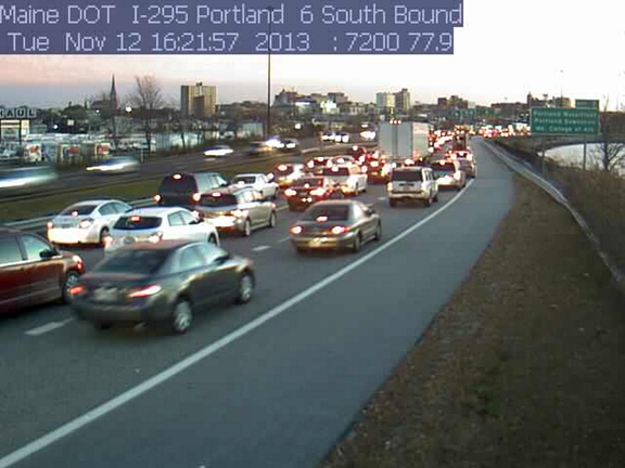A traffic cam shows Interstate 295 backed up in Portland.