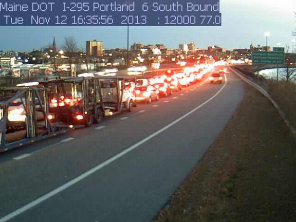 A traffic cam shows traffic on Interstate 295 at a standstill in Portland at about 4:30 p.m. Tuesday.