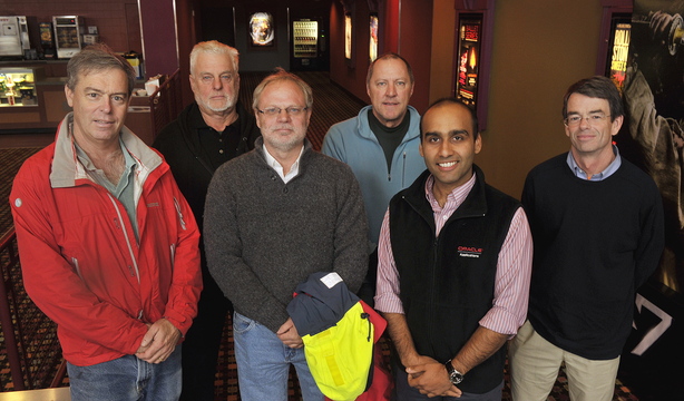 Six Maine sailors gathered Thursday at Clarks Pond Cinema in South Portland for an advance screening of the new movie “All is Lost.” They used their combined 242 years of sailing experience to critique the film’s seagoing tactics and realism. From left are Peter Stoops, Jeff Aumuller, David Dodson, Max Fletcher, Hasan Adil and Alex Agnew.