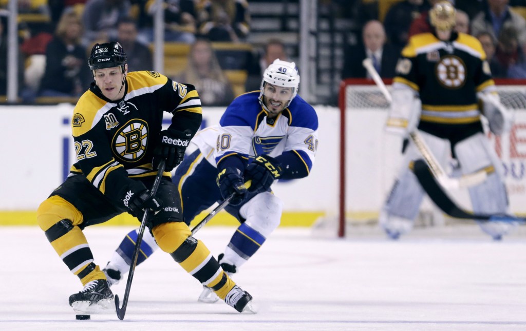 Boston Bruins right wing Shawn Thornton (22) brings the puck up ice as he is pressured by St. Louis Blues center Maxim Lapierre (40)during the second period of an NHL hockey game, Thursday, Nov. 21, 2013, in Boston. (AP Photo/Charles Krupa)