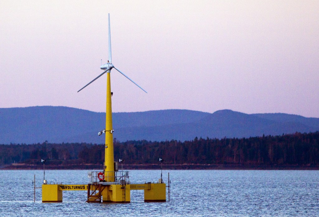 A floating wind turbine is shown off the coast of Castine. With Norwegian company Statoil’s decision to pull its $120 million dollar project from consideration in Maine in late October 2013, the future of offshore wind production in the state now lies primarily in the hands of the University of Maine.